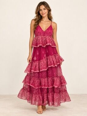 Let Me Be Pink Paisley Tiered Ruffle Maxi Dress XS 0862